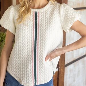 Voy Quilted White Top with Navy and Pink Striped Detail